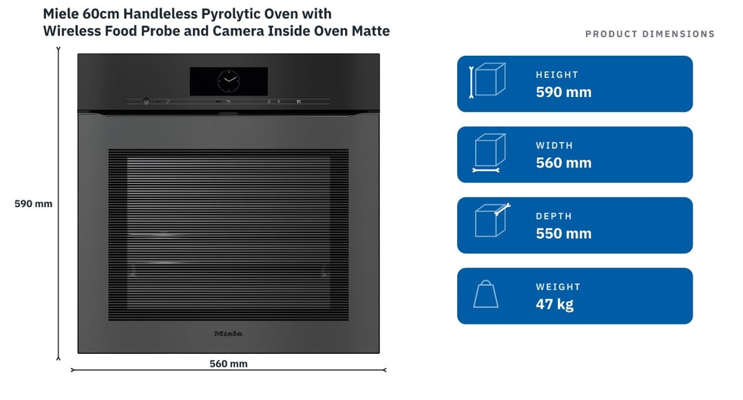 Miele 60cm Handleless Pyrolytic Oven with Wireless Food Probe and Camera Inside Oven Matte Black H7860BPXMB — product dimensions