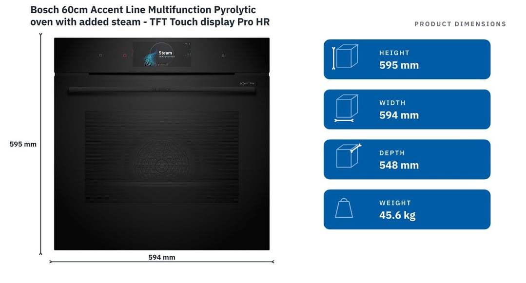 Bosch 60cm Accent Line Multifunction Pyrolytic oven with added steam - TFT Touch display Pro HRG978NB1A — product dimensions