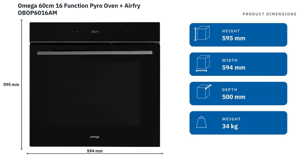 Omega 60cm 16 Function Pyro Oven + Airfry OBOP6016AM — product dimensions
