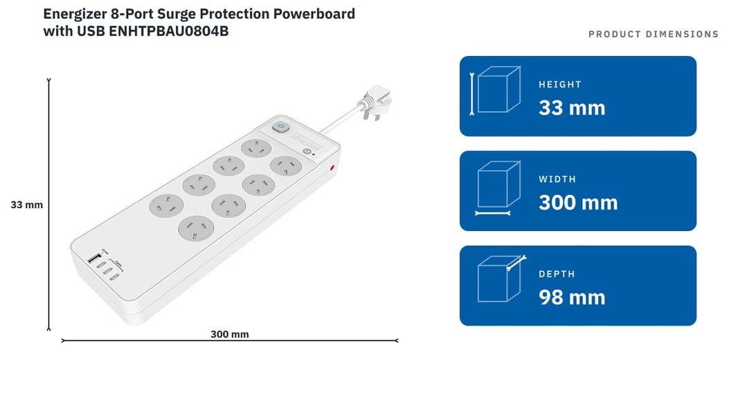 Energizer 8-Port Surge Protection Powerboard with USB ENHTPBAU0804B — product dimensions