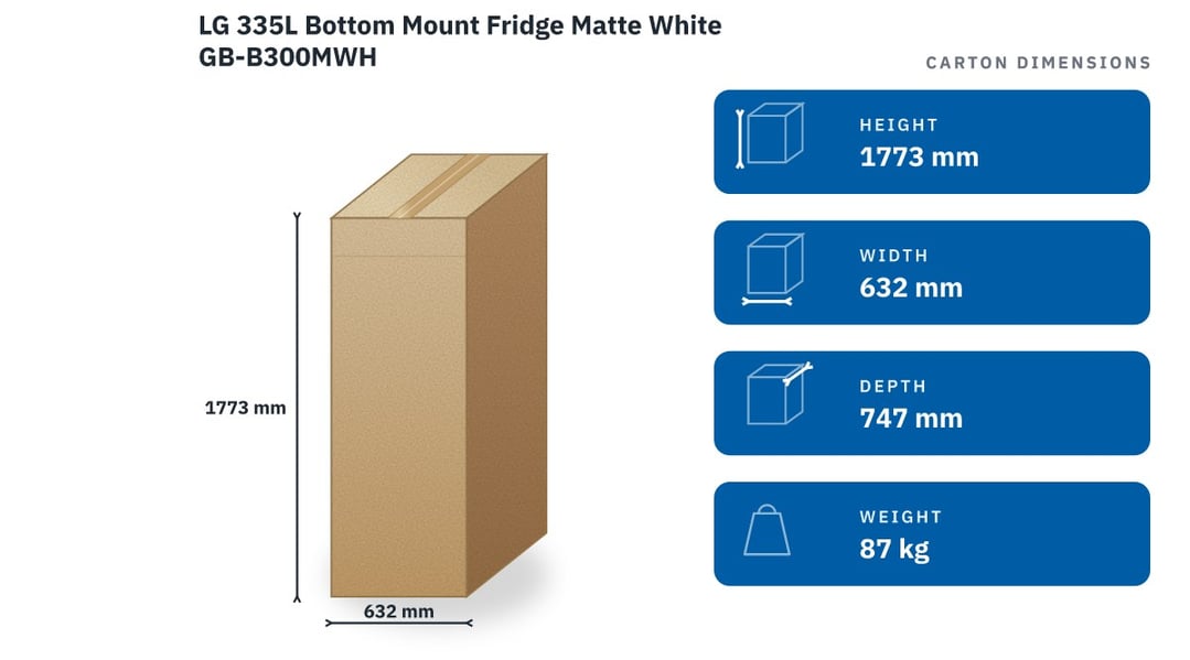 LG 335L Bottom Mount Fridge Matte White GB-B300MWH — packaged dimensions
