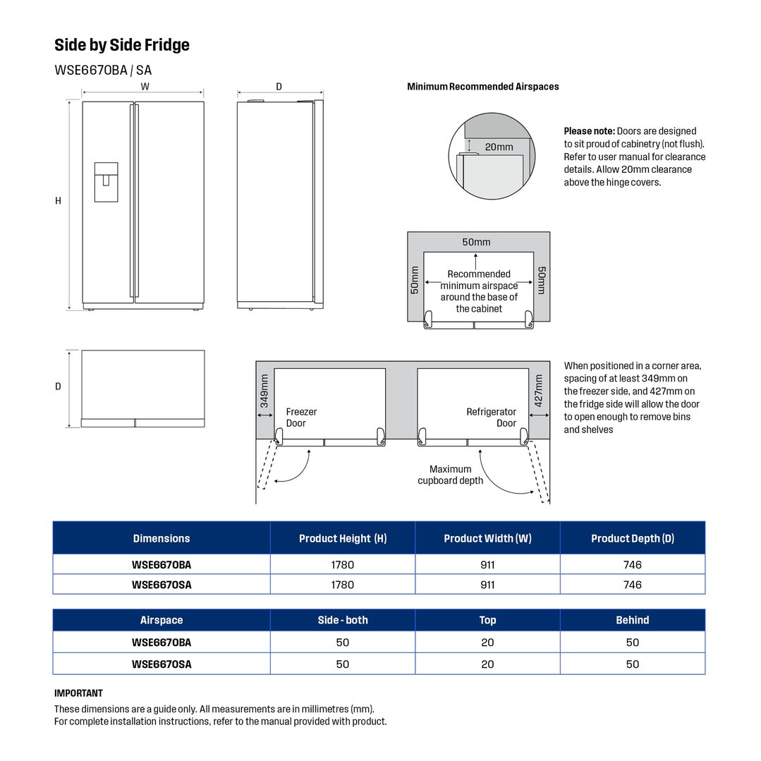 Westinghouse 596L Side by Side Fridge - Matte Black WSE6670BA