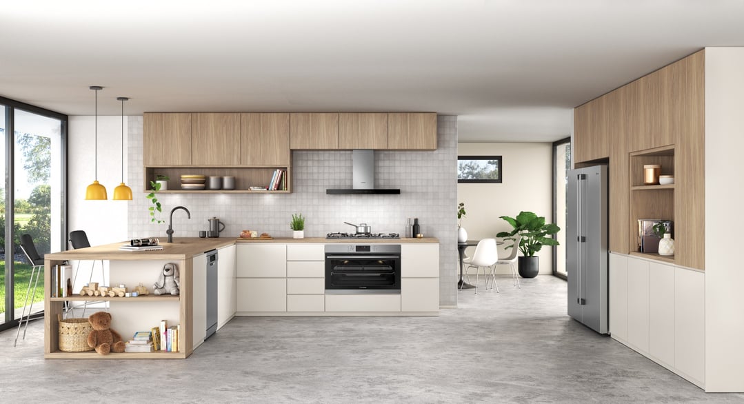 Modern kitchen with built-in cooktop and oven, and a large island bench