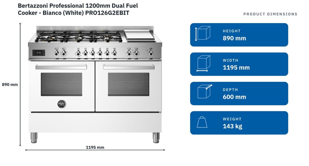 Bertazzoni Professional 1200mm Dual Fuel Cooker - Bianco (White) PRO126G2EBIT — product dimensions