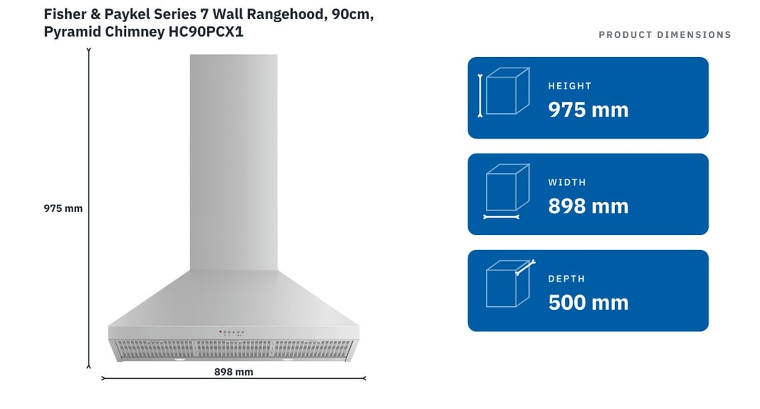 Fisher & Paykel Series 7 Wall Rangehood, 90cm, Pyramid Chimney HC90PCX1 — product dimensions