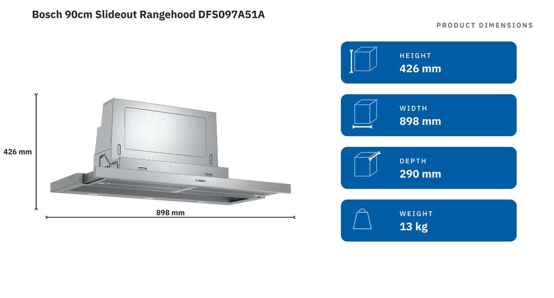 Bosch 90cm Slideout Rangehood DFS097A51A — product dimensions