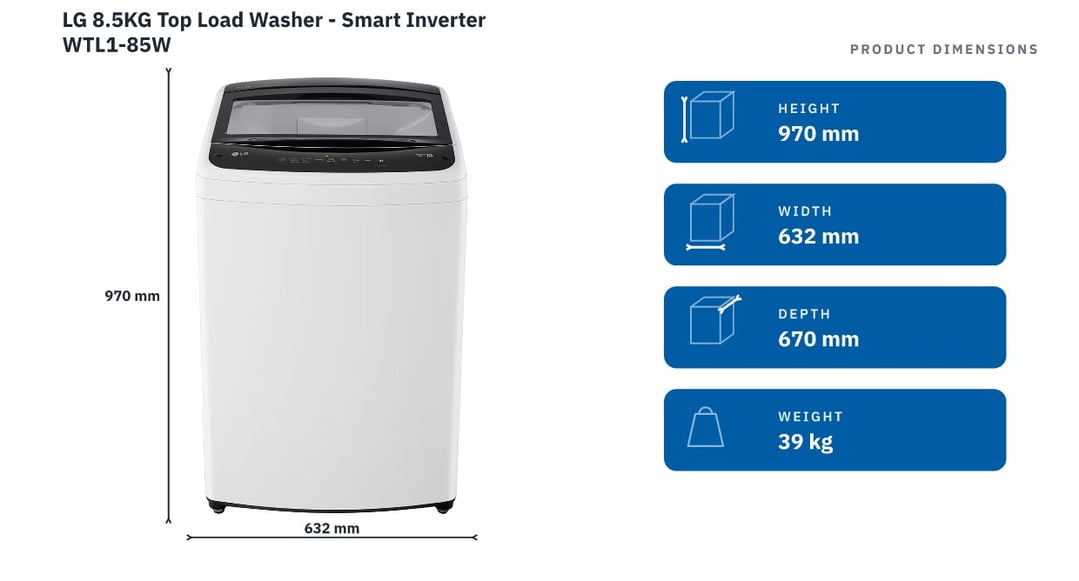 LG 8.5KG Top Load Washer - Smart Inverter WTL1-85W — product dimensions