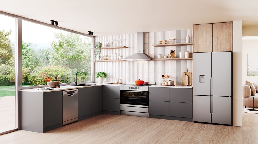 A modern kitchen with a Westinghouse freestanding oven, dishwasher, and refrigerator