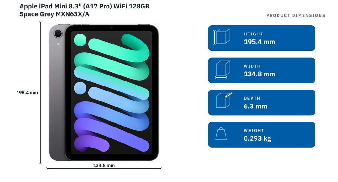 Apple iPad Mini 8.3" (A17 Pro) WiFi 128GB Space Grey MXN63X/A — product dimensions