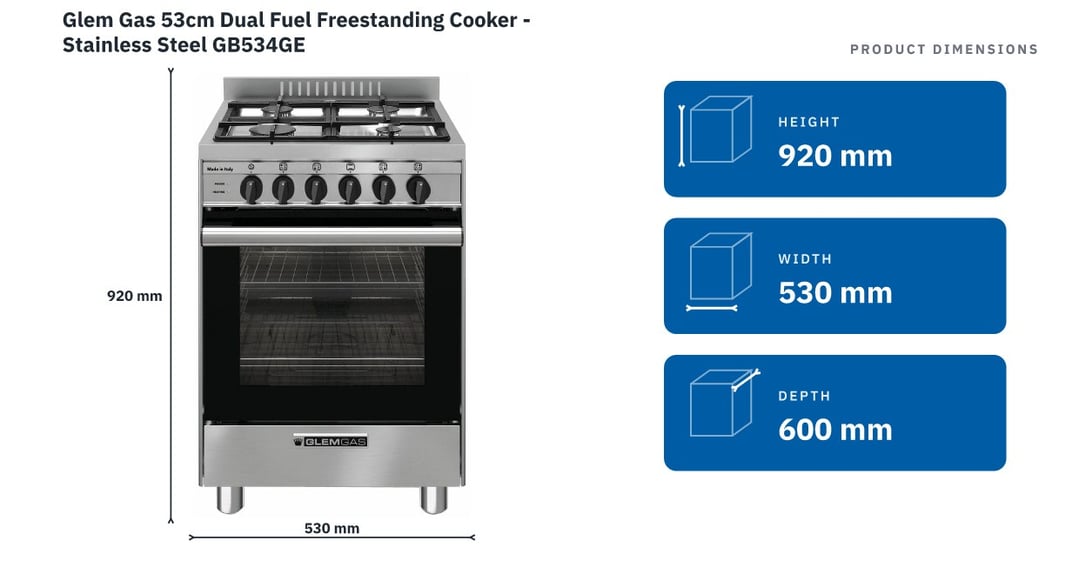 Glem Gas 53cm Dual Fuel Freestanding Cooker - Stainless Steel GB534GE