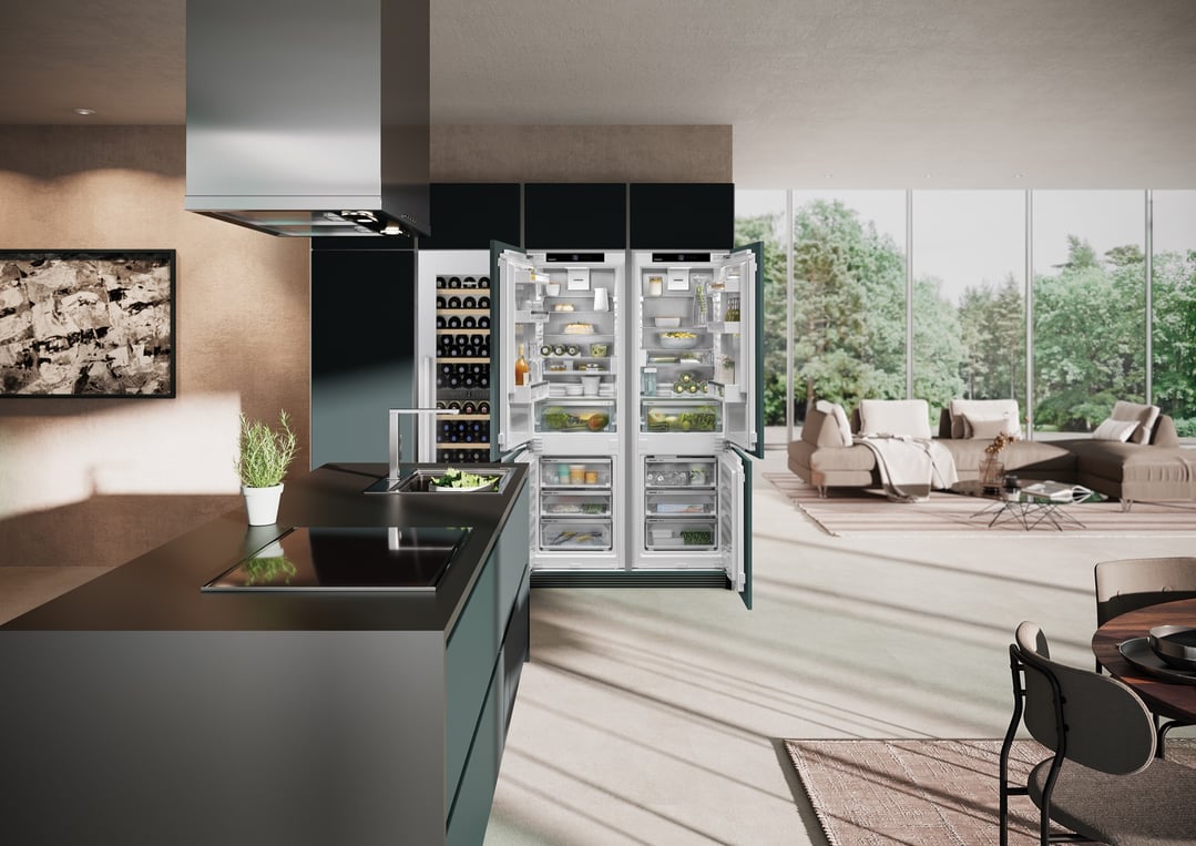 Open wine cabinet and two refrigerators in a modern kitchen and living area