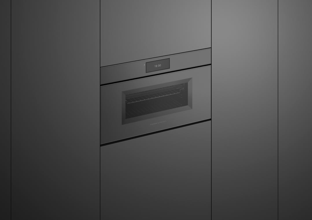 A built-in microwave oven with a digital display showing 19:30