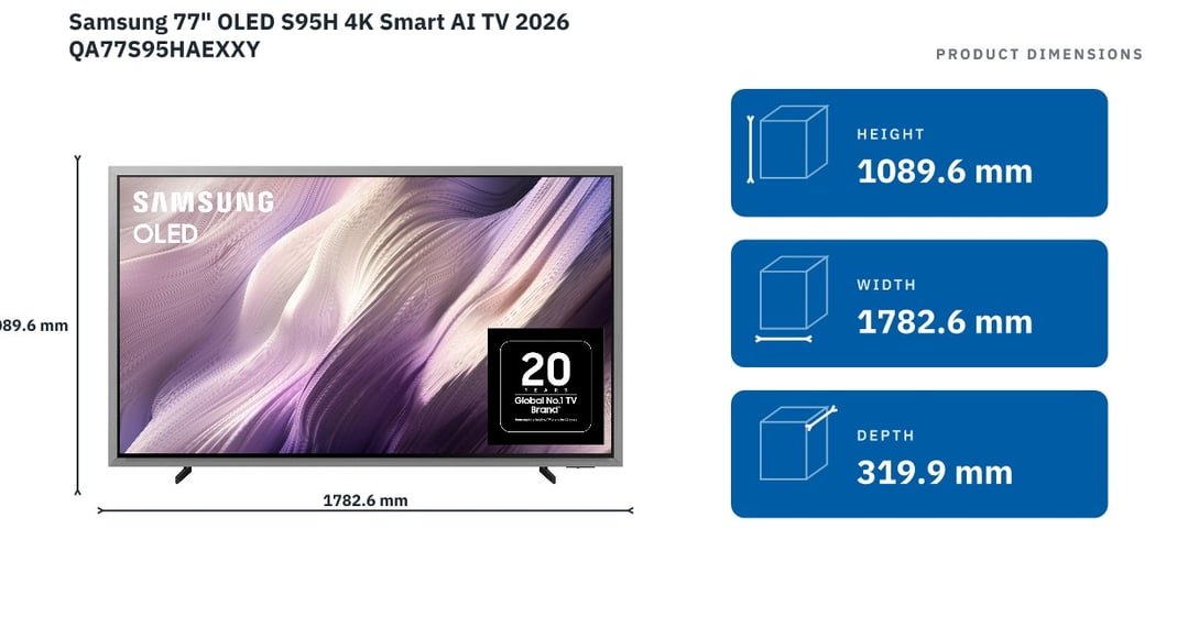 Samsung 77" OLED S95H 4K Smart AI TV 2026 QA77S95HAEXXY — product dimensions