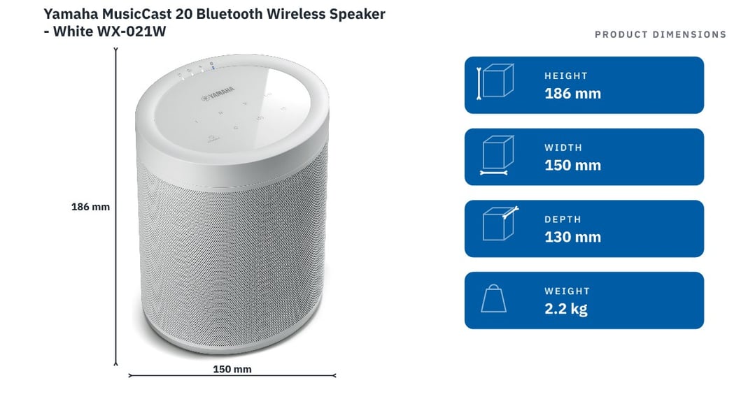 Yamaha MusicCast 20 Bluetooth Wireless Speaker - White WX-021W — product dimensions