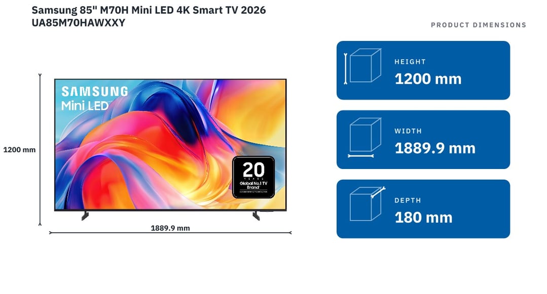 Samsung 85" M70H Mini LED 4K Smart TV 2026 UA85M70HAWXXY — product dimensions