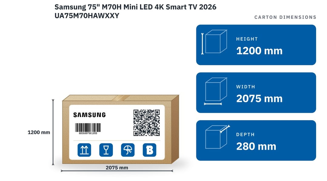 Samsung 75" M70H Mini LED 4K Smart TV 2026 UA75M70HAWXXY — packaged dimensions