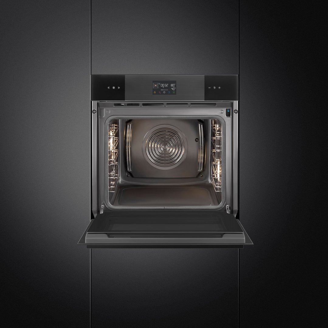 Built-in Smeg Linea oven with door open, showing interior and controls