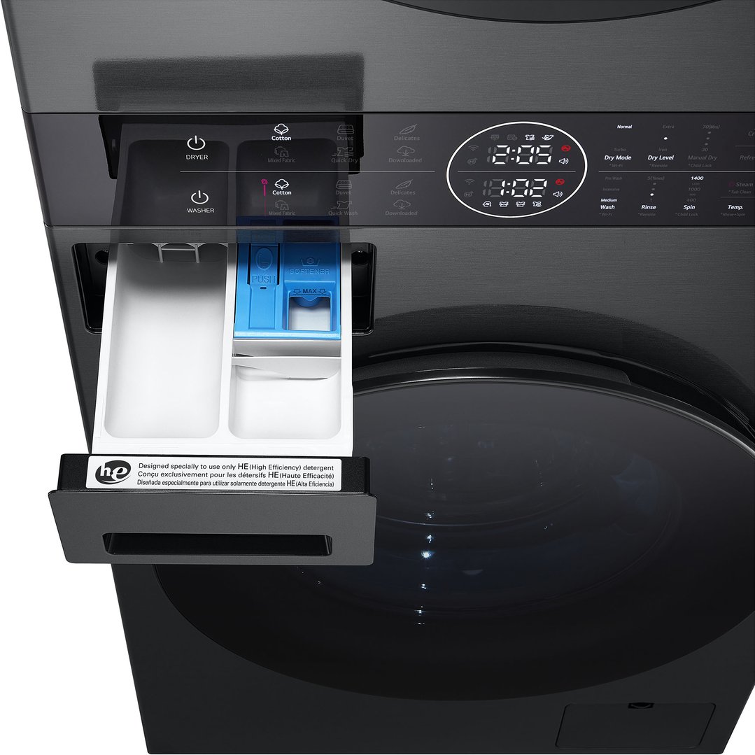 Close-up of a black washer dryer combo with the detergent drawer open