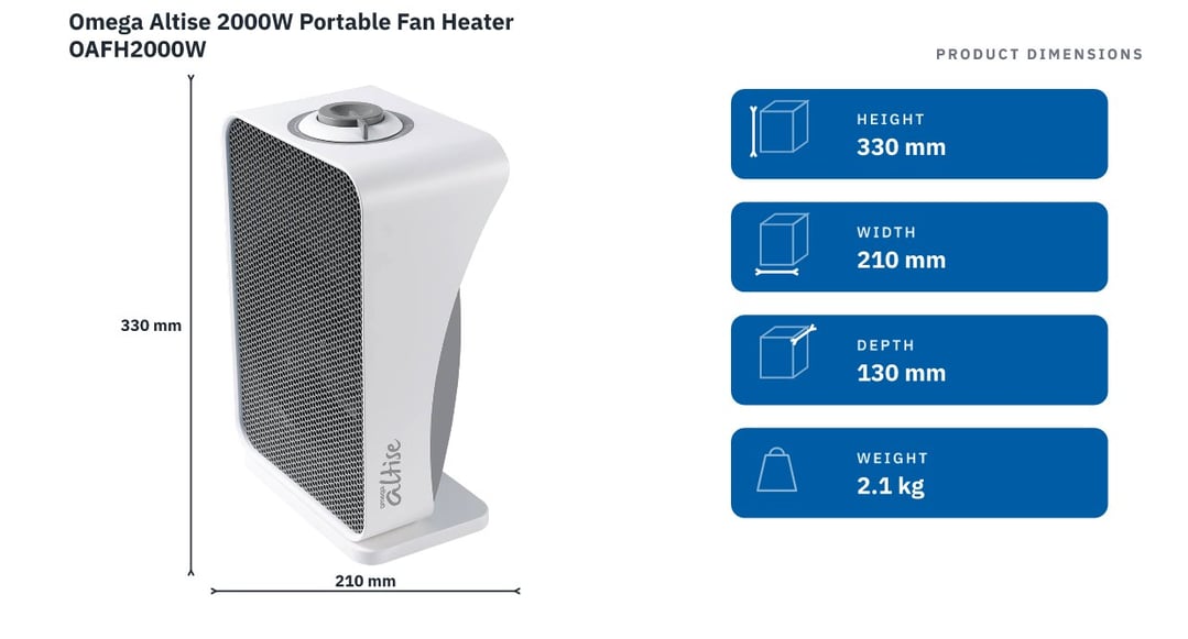 Omega Altise 2000W Portable Fan Heater OAFH2000W — product dimensions