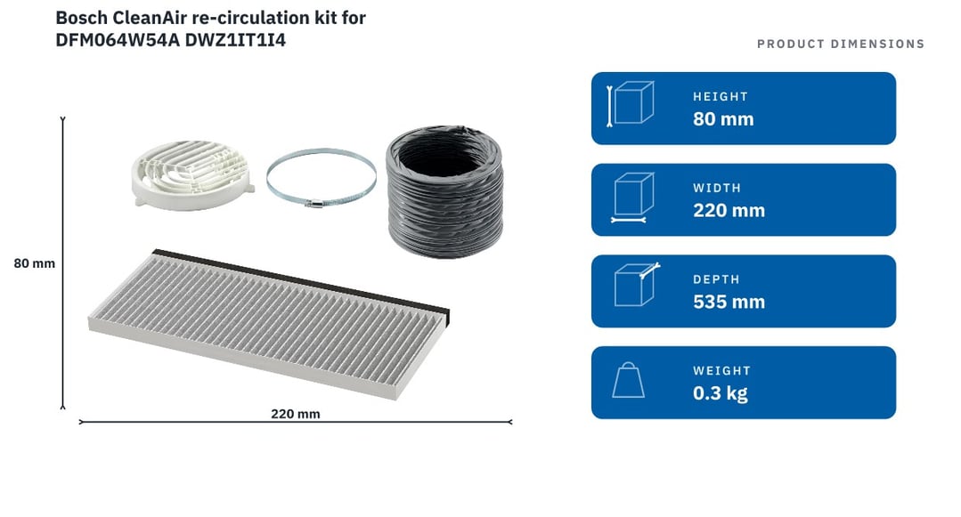 Bosch CleanAir re-circulation kit for DFM064W54A DWZ1IT1I4 — product dimensions