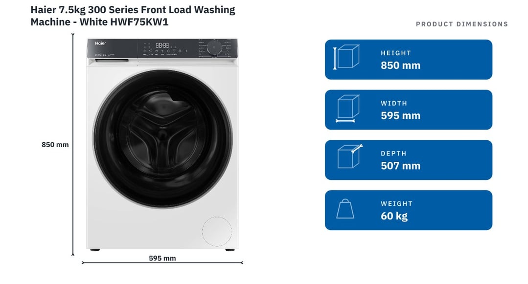 Haier 7.5kg 300 Series Front Load Washing Machine - White HWF75KW1 — product dimensions