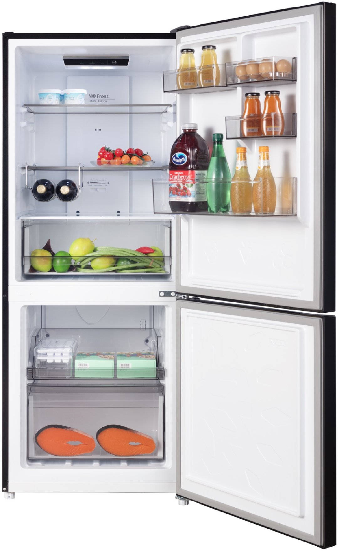 Open black steel bottom mount fridge with food and drinks inside