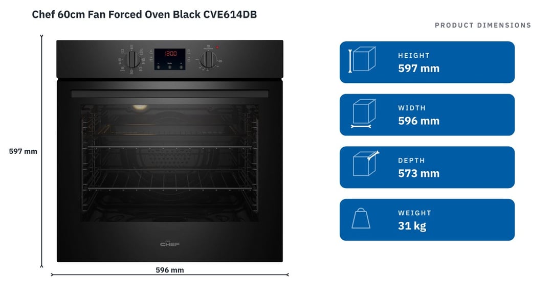 Chef 60cm Fan Forced Oven Black CVE614DB — product dimensions