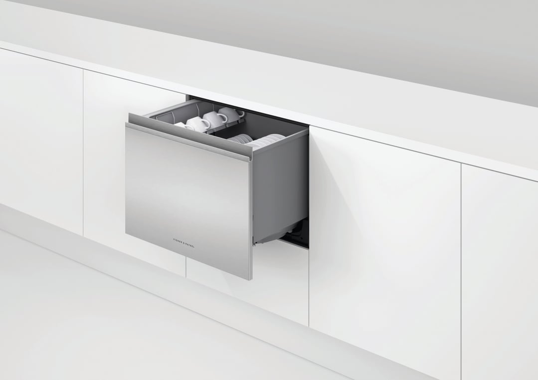 Stainless steel Tall Single DishDrawer dishwasher open in a modern white kitchen