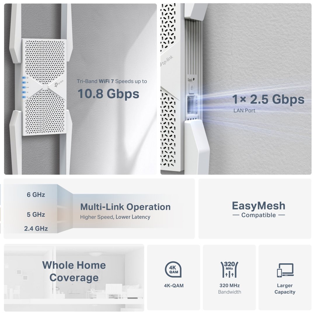 tp-link BE9300 Tri-Band Wi-Fi 7 Range Extender RE655BE