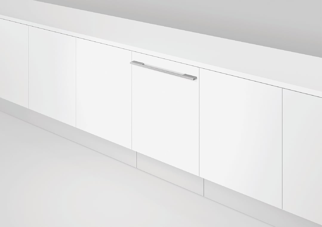 Integrated dishwasher with a stainless steel handle in a modern kitchen