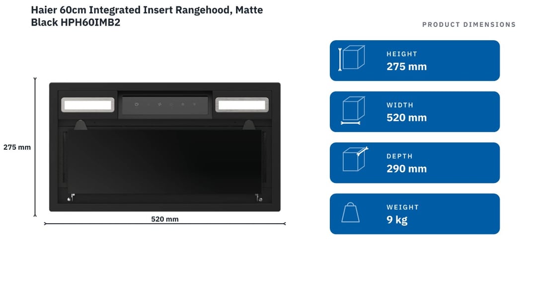 Haier 60cm Integrated Insert Rangehood, Matte Black HPH60IMB2 — product dimensions
