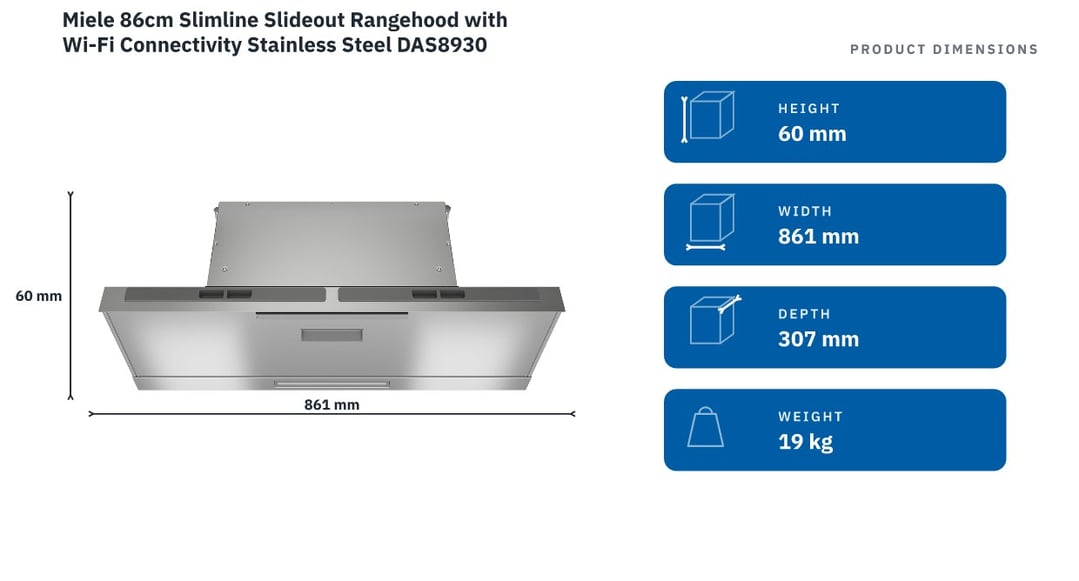 Miele 86cm Slimline Slideout Rangehood with Wi-Fi Connectivity Stainless Steel DAS8930 — product dimensions