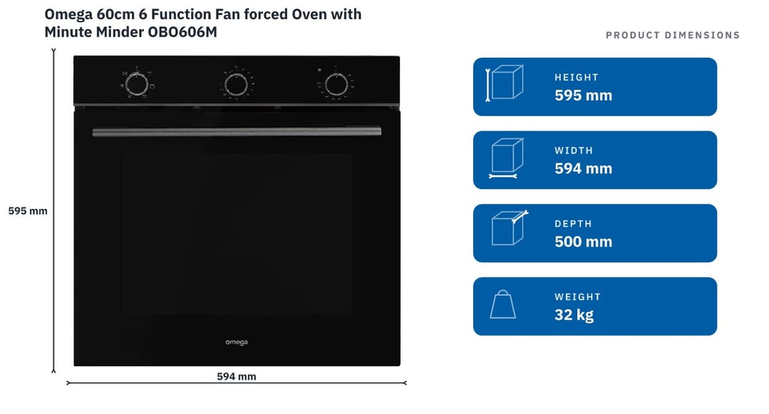 Omega 60cm 6 Function Fan forced Oven with Minute Minder OBO606M — product dimensions
