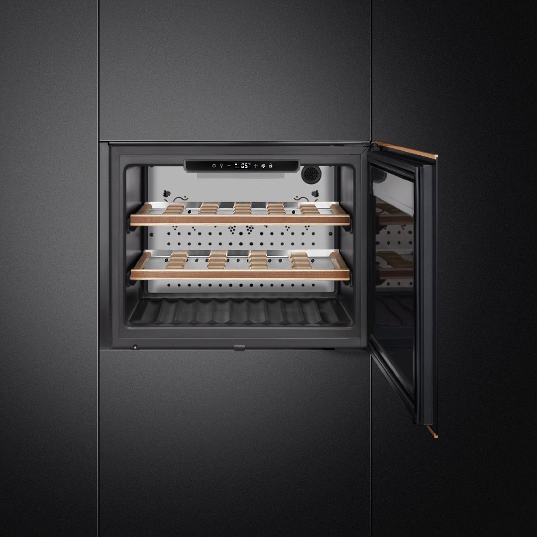 Built-in wine cooler with door ajar, showing two wooden shelves
