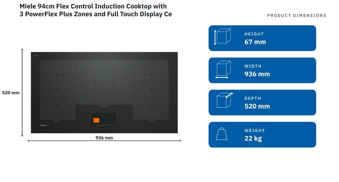 Miele 94cm Flex Control Induction Cooktop with 3 PowerFlex Plus Zones and Full Touch Display Ceramic Glass KM7999FL — product dimensions
