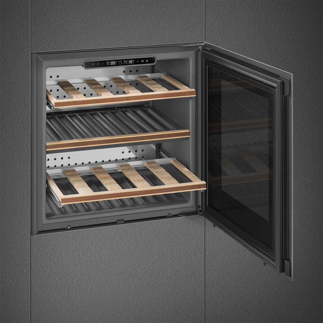 Built-in wine cellar with open door showing wooden shelves and digital display