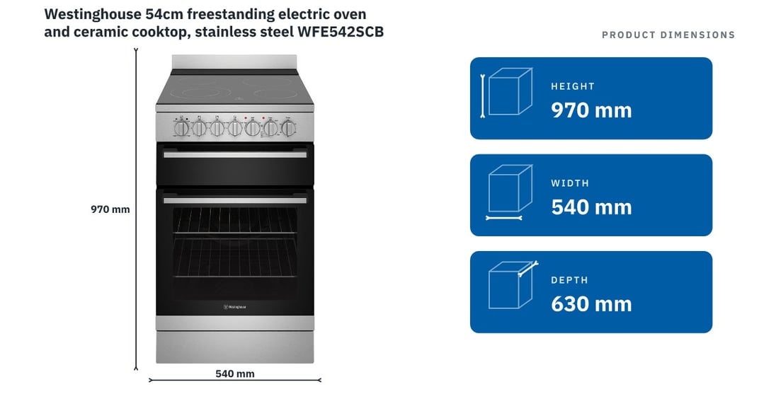 Westinghouse 54cm freestanding electric oven and ceramic cooktop, stainless steel WFE542SCB