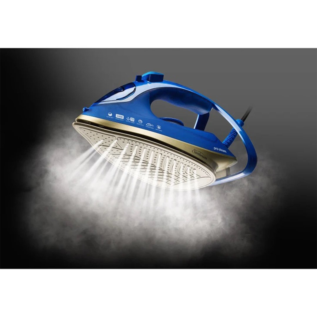 Blue and gold iron with steam coming out of the soleplate