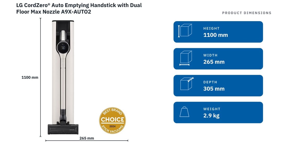 LG CordZero® Auto Emptying Handstick with Dual Floor Max Nozzle A9X-AUTO2 — product dimensions