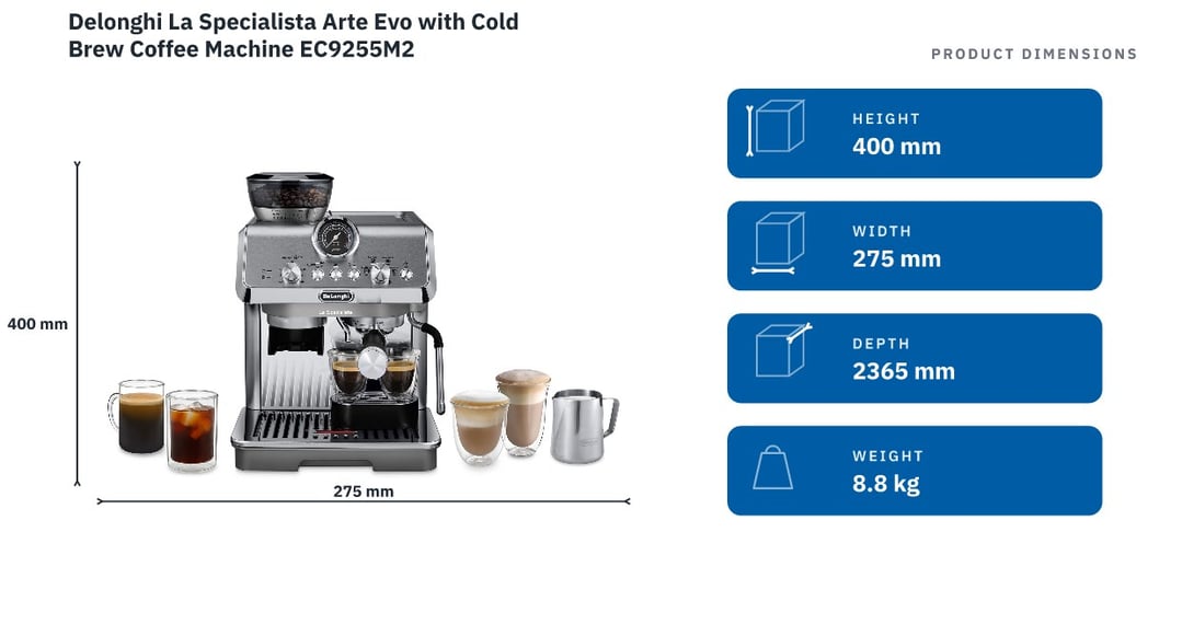Delonghi La Specialista Arte Evo with Cold Brew Coffee Machine EC9255M2 — product dimensions