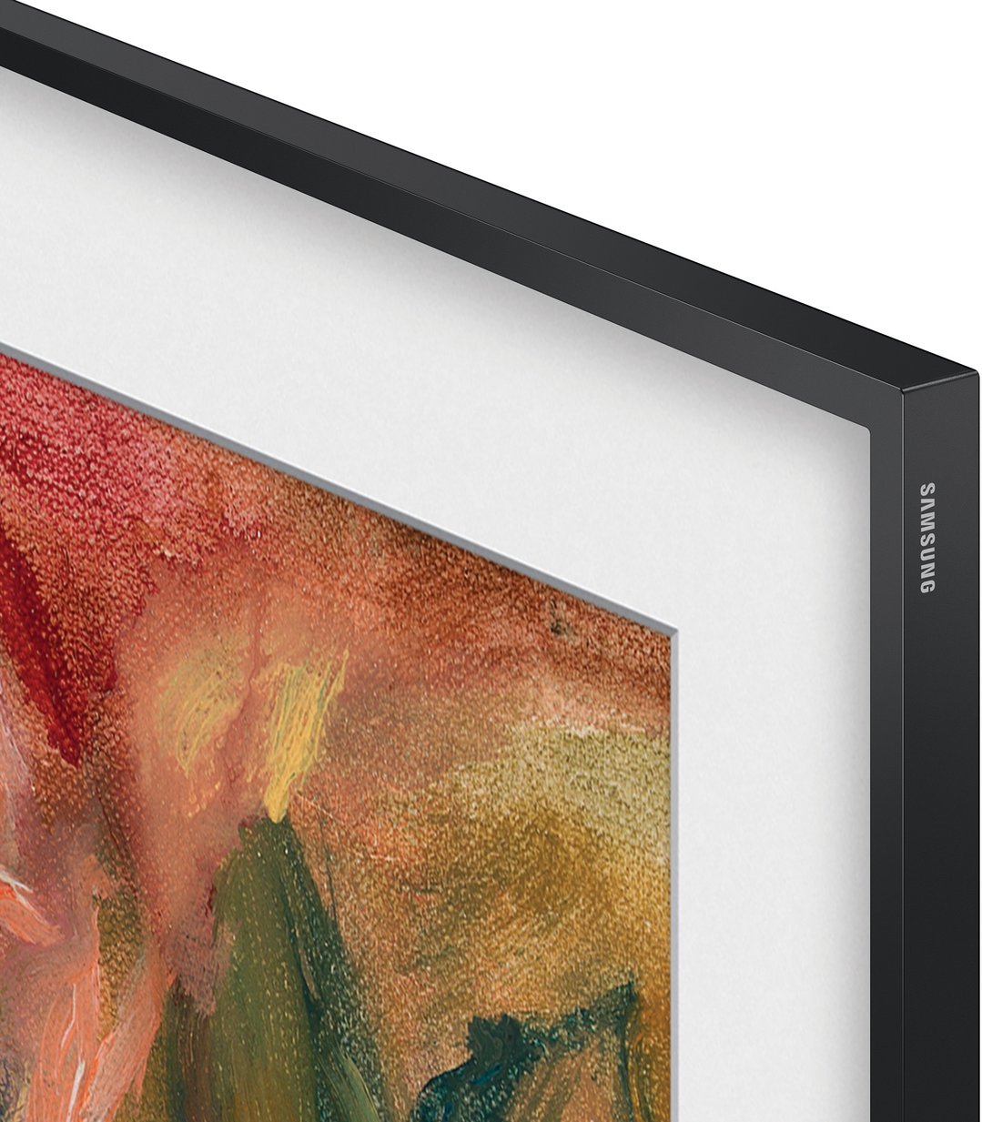 Close-up of a Samsung The Frame TV displaying artwork with a black bezel