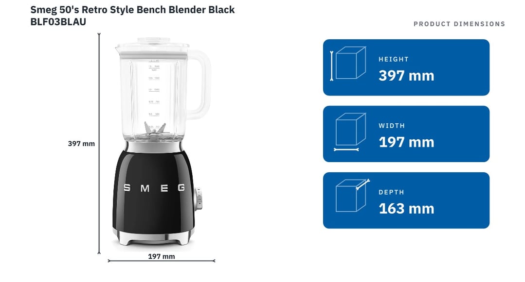Smeg 50's Retro Style Bench Blender Black BLF03BLAU — product dimensions