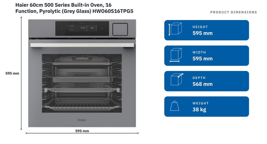 Haier 60cm 500 Series Built-in Oven, 16 Function, Pyrolytic (Grey Glass) HWO60S16TPG5 — product dimensions