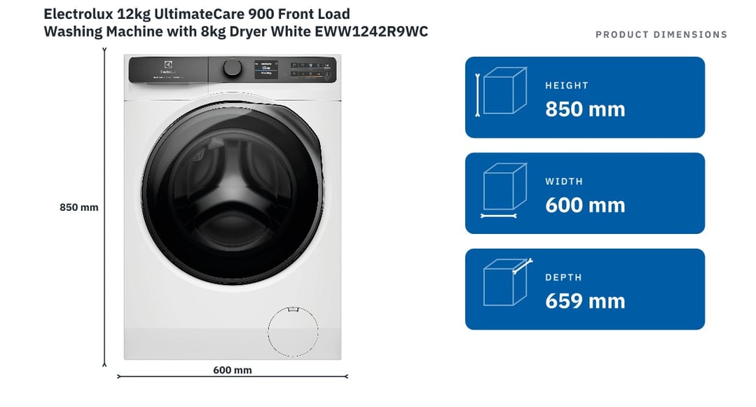 Electrolux 12kg UltimateCare 900 Front Load Washing Machine with 8kg Dryer White EWW1242R9WCS — product dimensions
