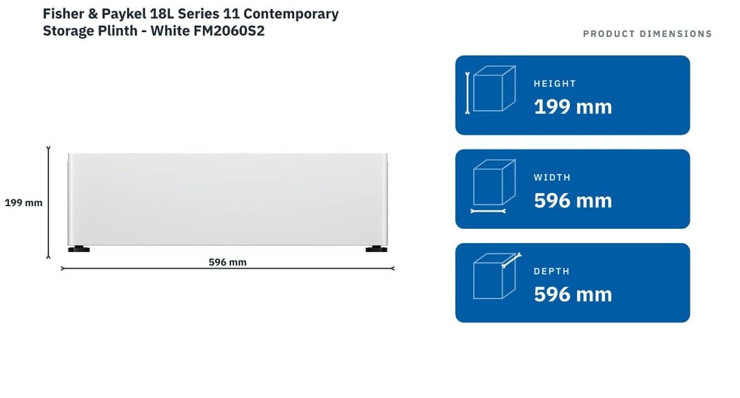 Fisher & Paykel 18L Series 11 Contemporary Storage Plinth - White FM2060S2 — product dimensions