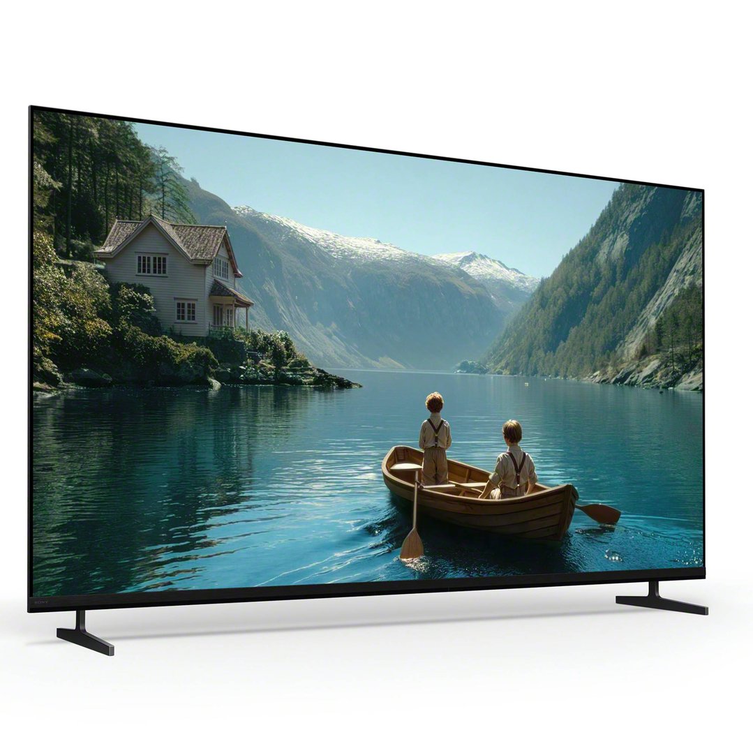 A SONY TV displaying a scenic image of a house by a lake with two boys in a boat