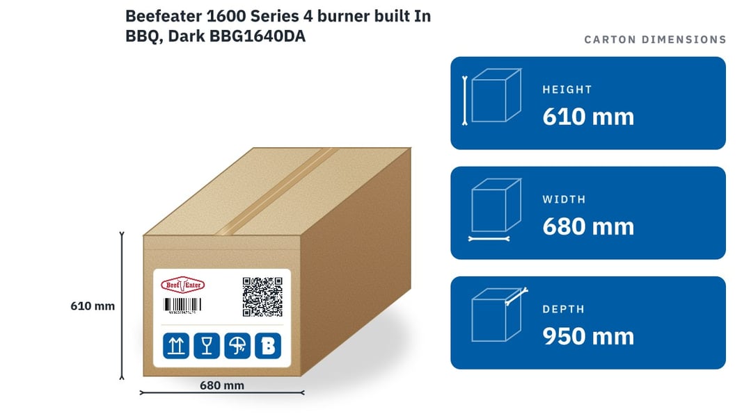 Beefeater 1600 Series 4 burner built In BBQ, Dark BBG1640DA — packaged dimensions