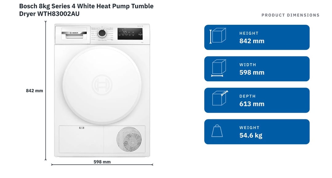 Bosch 8kg Series 4 White Heat Pump Tumble Dryer WTH83002AU — product dimensions