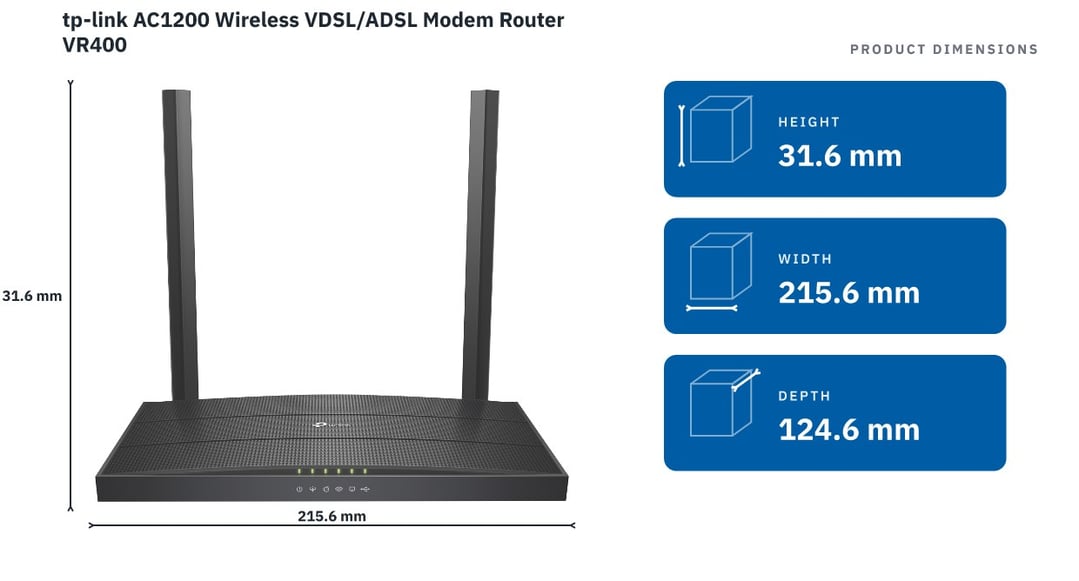 tp-link AC1200 Wireless VDSL/ADSL Modem Router VR400 — product dimensions