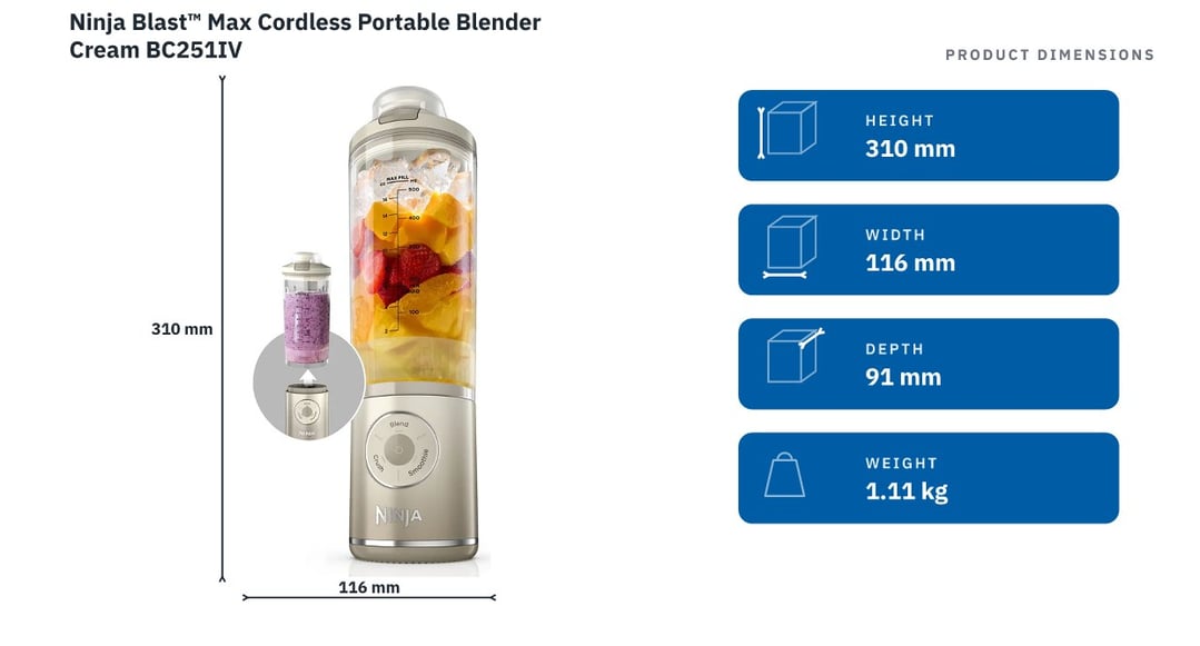 Ninja Blast™ Max Cordless Portable Blender Cream BC251IV — product dimensions